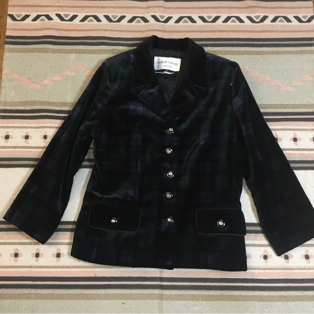 Albert Nipon Suits size 8 Black & Deep emerald green plaid velvet jacket blazer